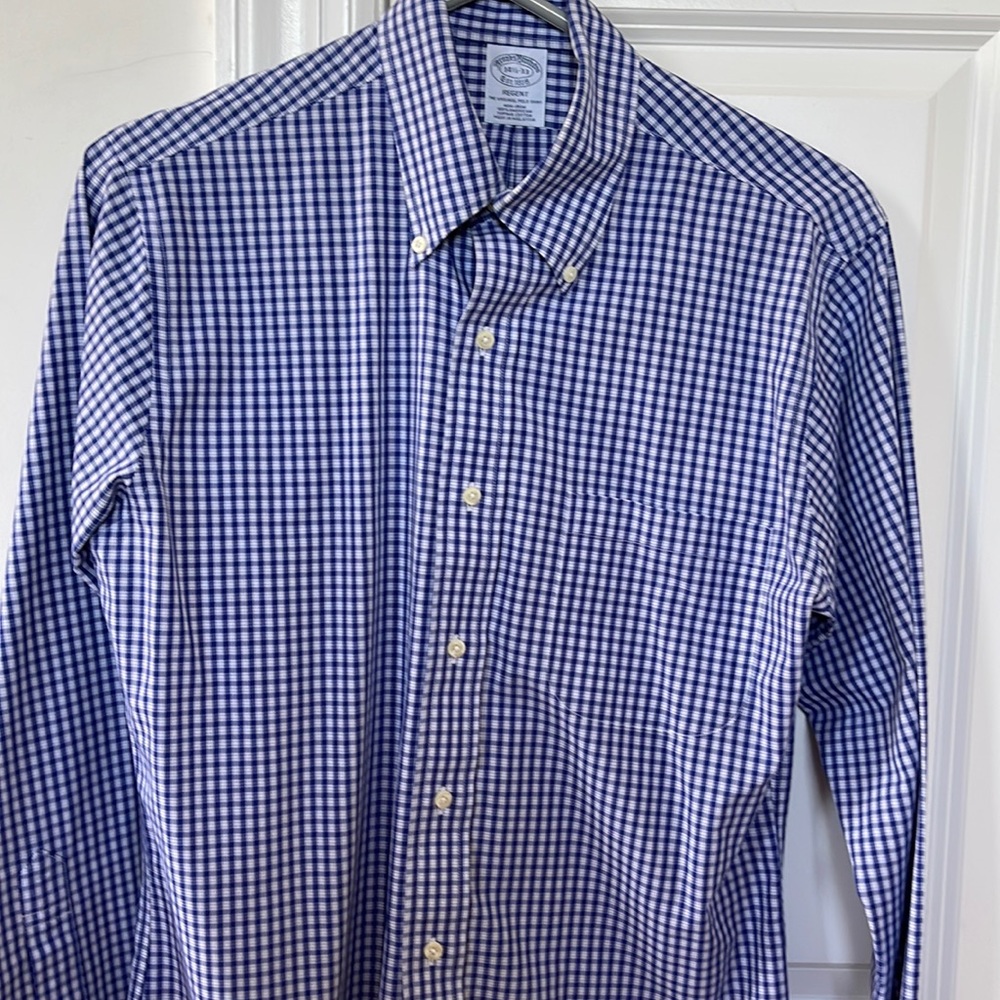 Brooks Brothers supima cotton non iron blue checkered dress shirt sz 141/2 33